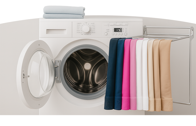 Wasmachine met verschillende kleuren steunkousen netjes opgehangen